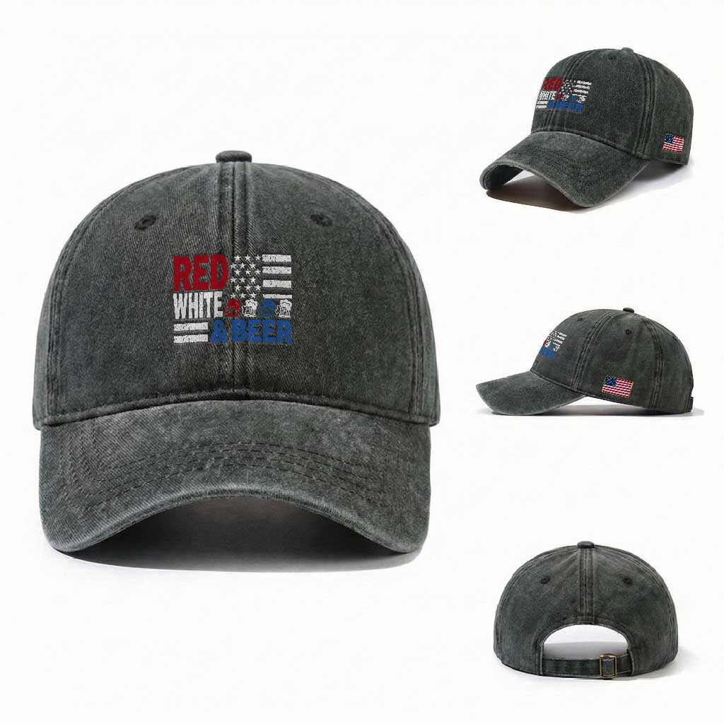Funny American Drinking Washed Cotton Baseball Cap Red White And Beer 4th Of July USA Flag