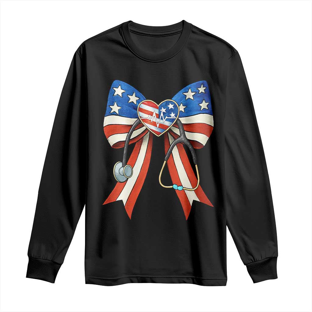 Funny 4th Of July Nurse American Flag Coquette Bow Long Sleeve Shirt - Wonder Print Shop
