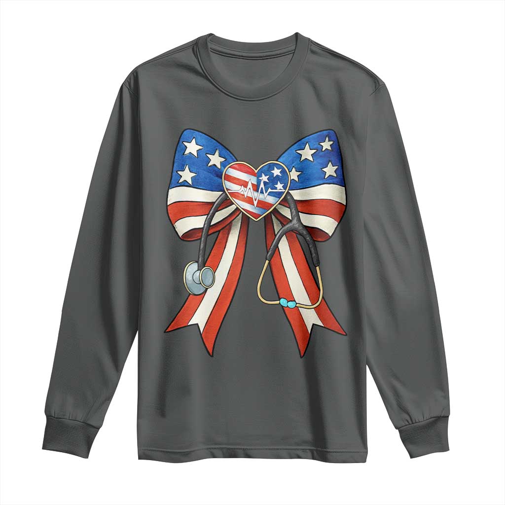 Funny 4th Of July Nurse American Flag Coquette Bow Long Sleeve Shirt - Wonder Print Shop
