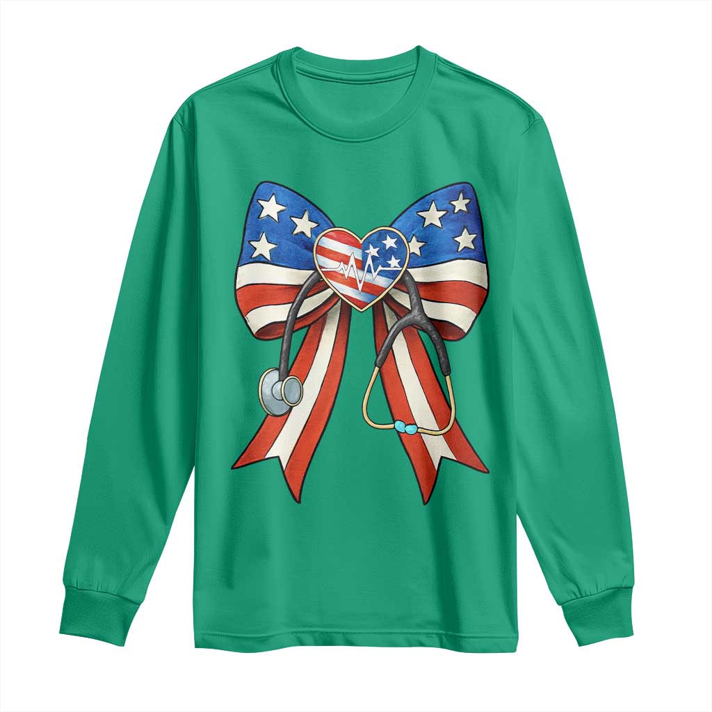 Funny 4th Of July Nurse American Flag Coquette Bow Long Sleeve Shirt - Wonder Print Shop
