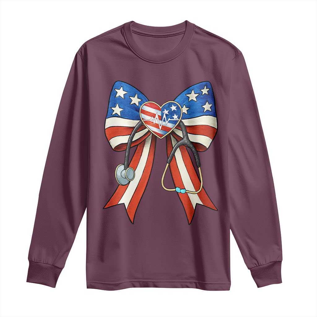 Funny 4th Of July Nurse American Flag Coquette Bow Long Sleeve Shirt - Wonder Print Shop