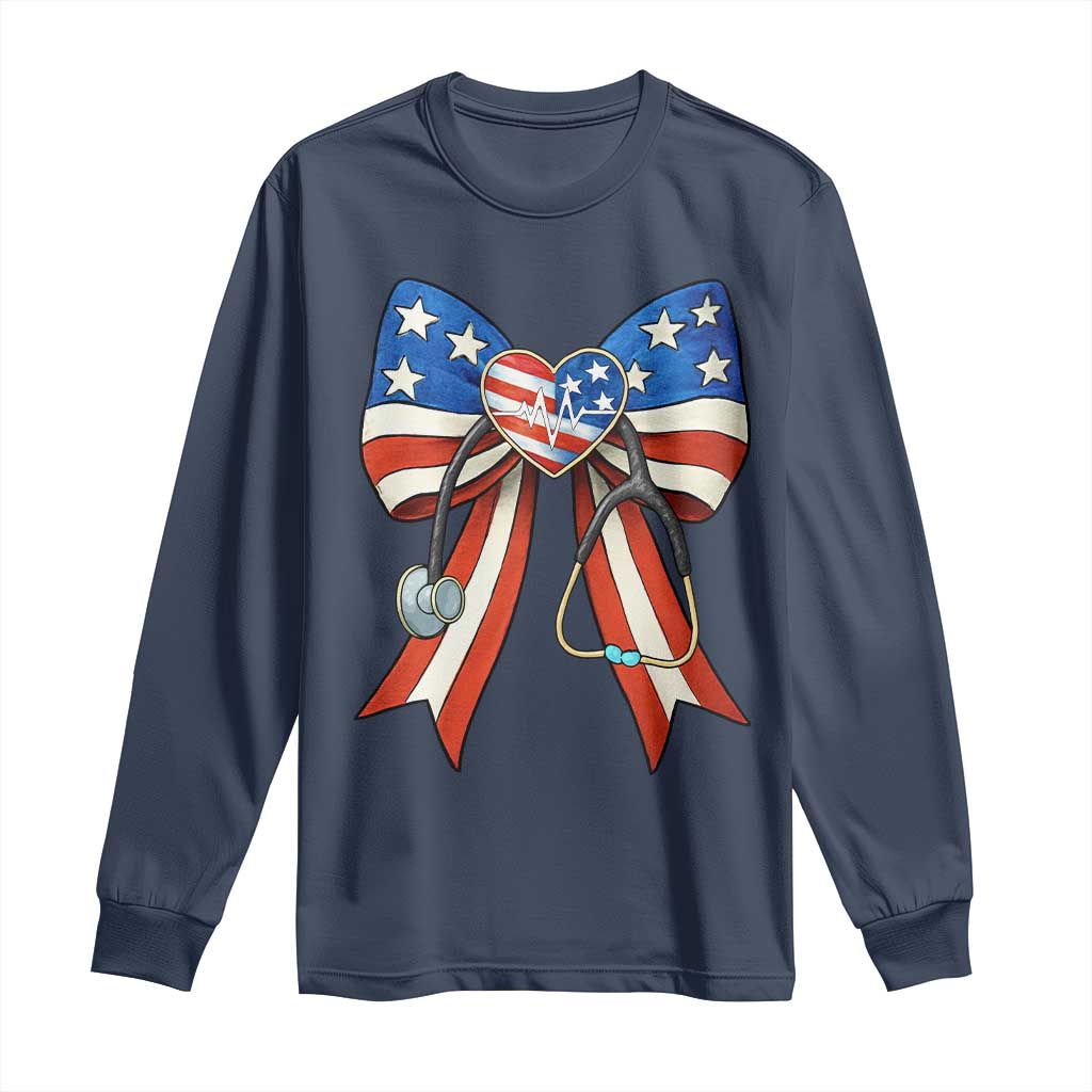 Funny 4th Of July Nurse American Flag Coquette Bow Long Sleeve Shirt - Wonder Print Shop