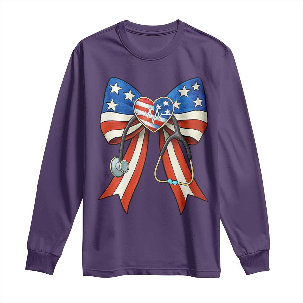 Funny 4th Of July Nurse American Flag Coquette Bow Long Sleeve Shirt - Wonder Print Shop