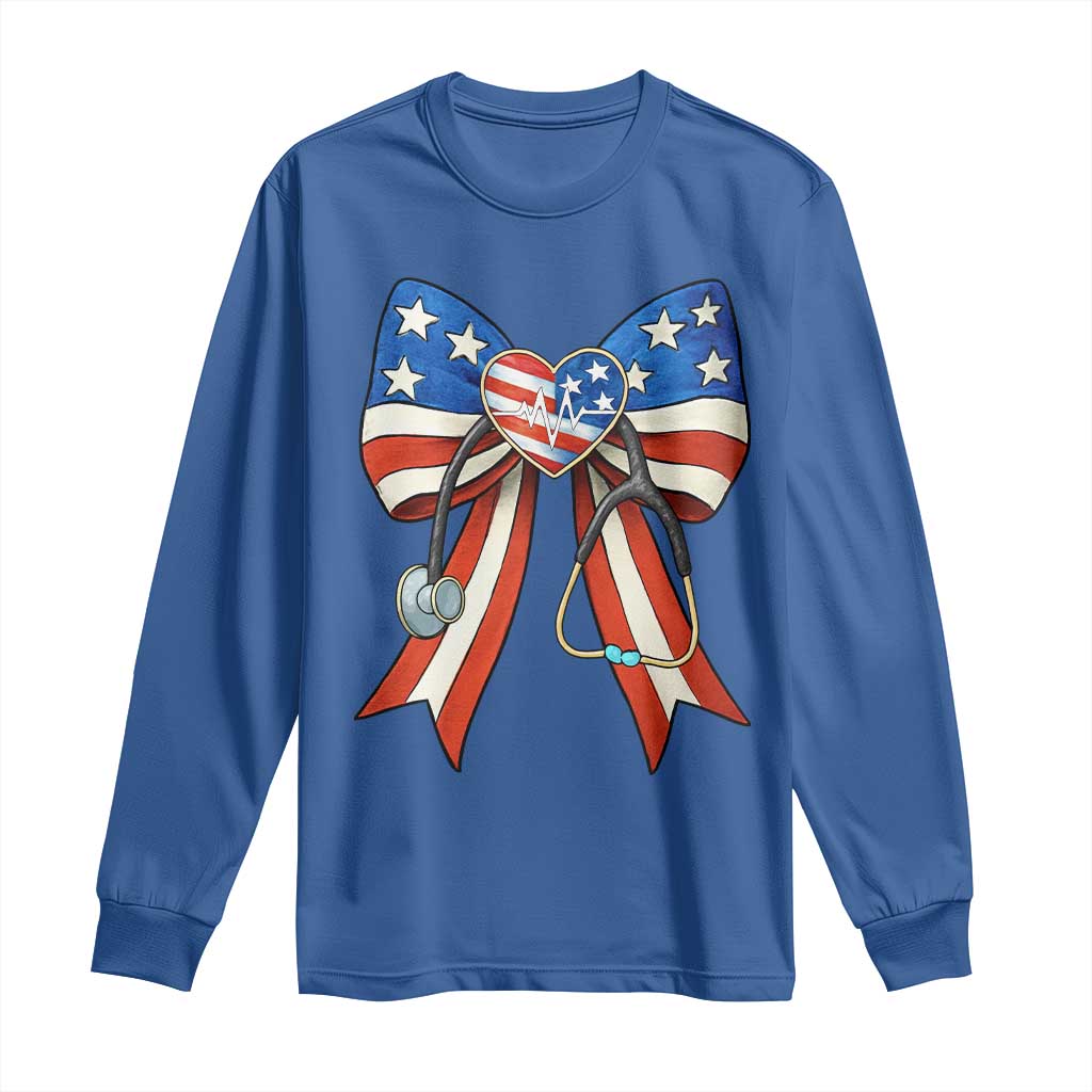 Funny 4th Of July Nurse American Flag Coquette Bow Long Sleeve Shirt - Wonder Print Shop