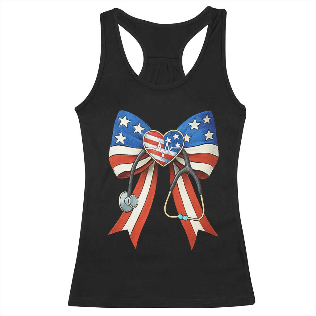 Funny 4th Of July Nurse American Flag Coquette Bow Racerback Tank Top - Wonder Print Shop