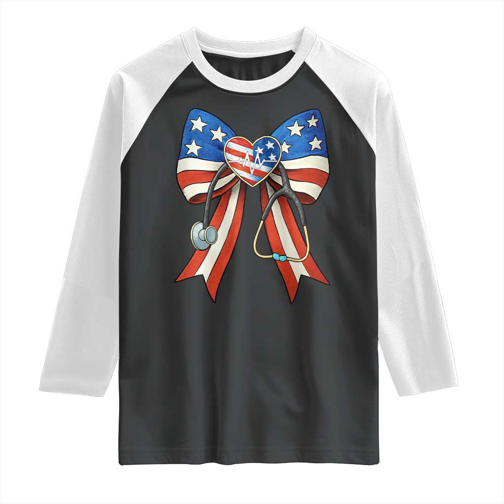 Funny 4th Of July Nurse American Flag Coquette Bow Raglan Shirt - Wonder Print Shop