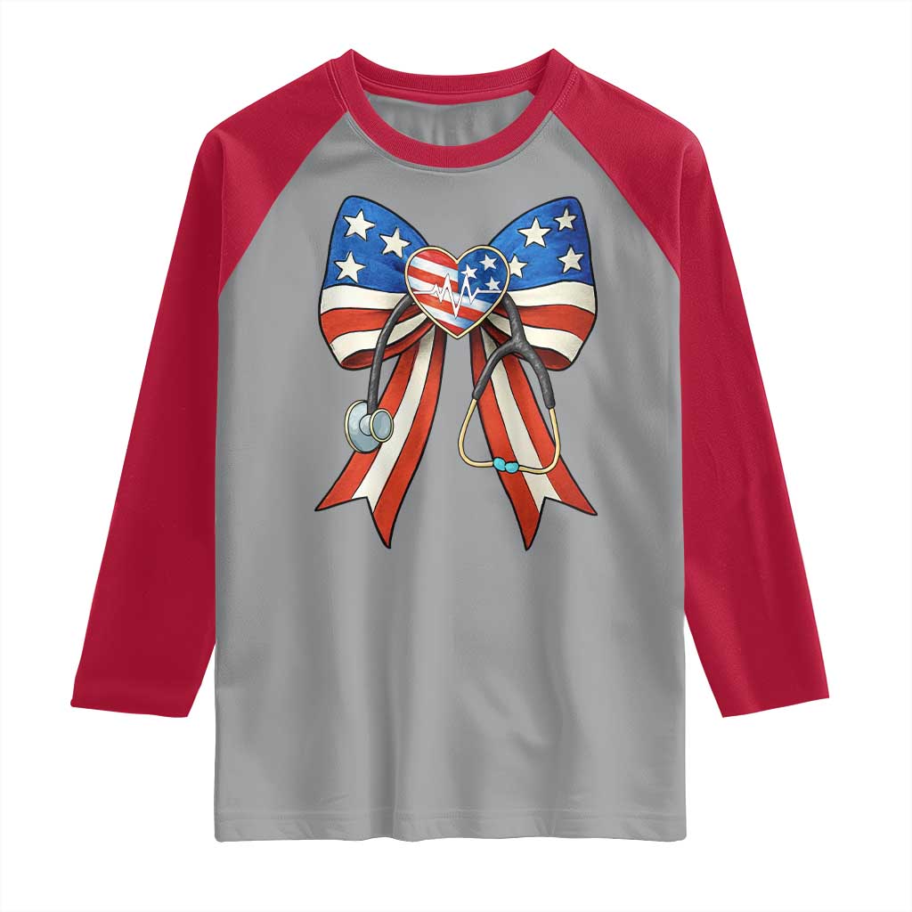 Funny 4th Of July Nurse American Flag Coquette Bow Raglan Shirt - Wonder Print Shop