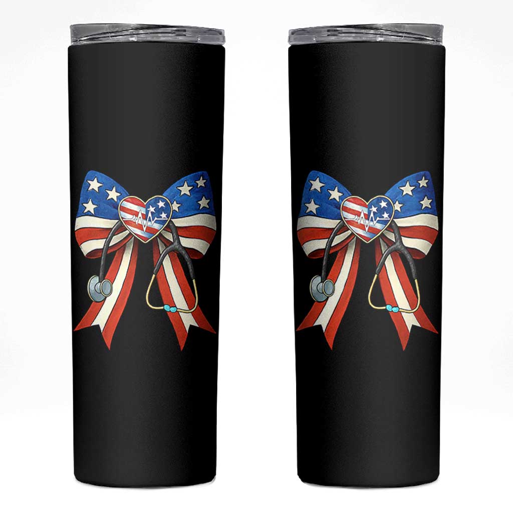 Funny 4th Of July Nurse American Flag Coquette Bow Skinny Tumbler - Wonder Print Shop