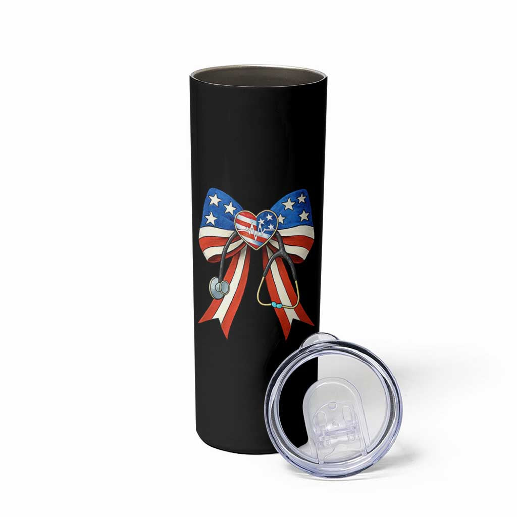 Funny 4th Of July Nurse American Flag Coquette Bow Skinny Tumbler - Wonder Print Shop