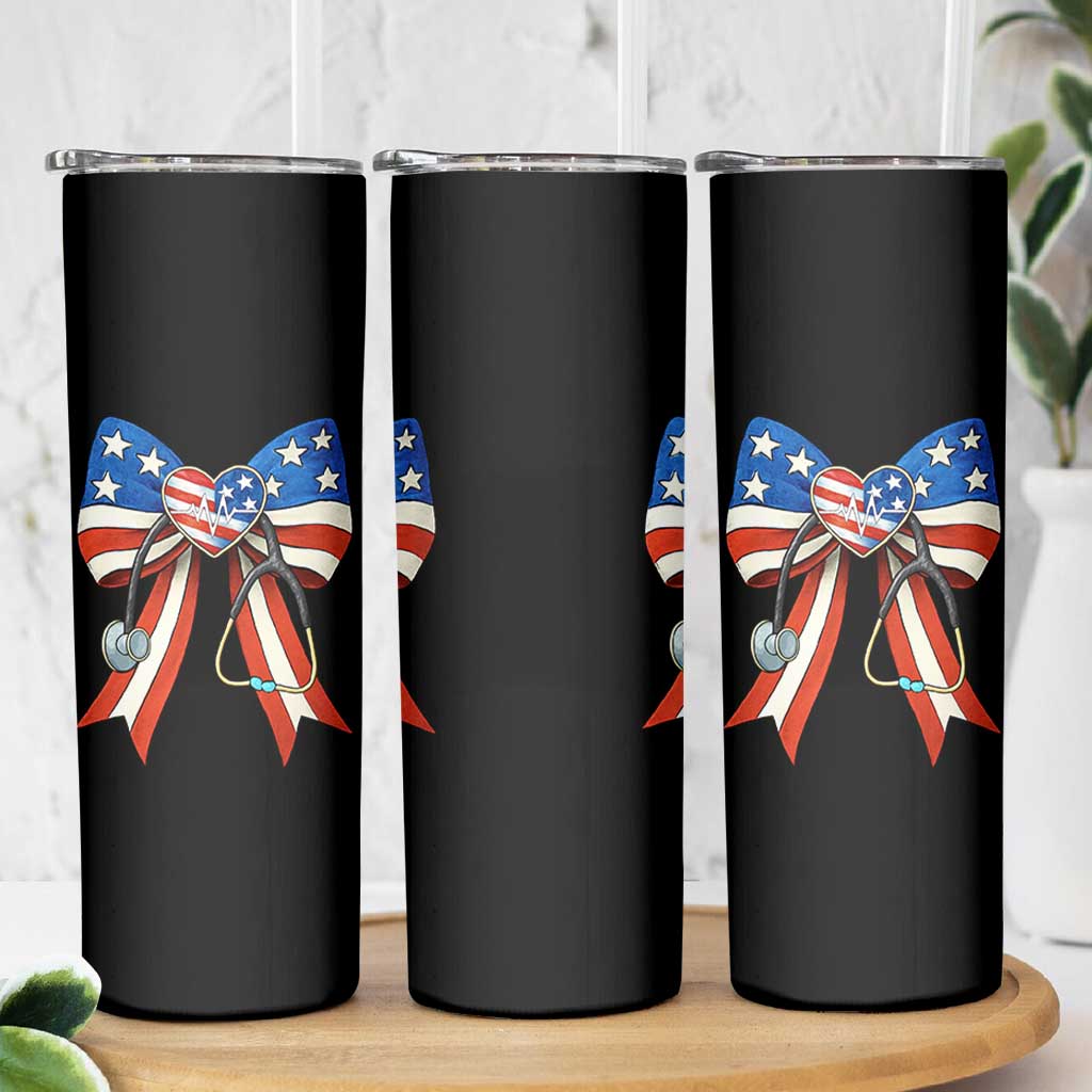 Funny 4th Of July Nurse American Flag Coquette Bow Skinny Tumbler - Wonder Print Shop