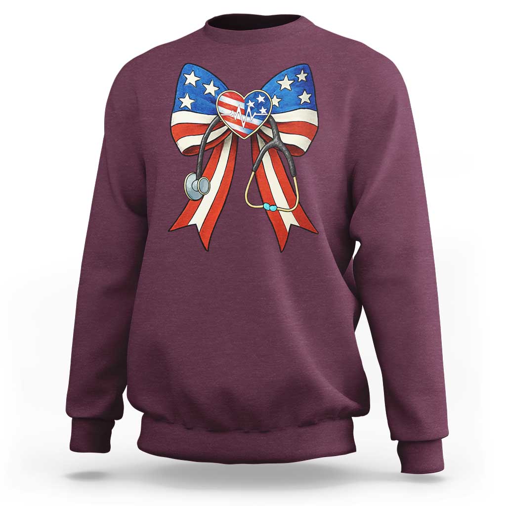 Funny 4th Of July Nurse American Flag Coquette Bow Sweatshirt - Wonder Print Shop