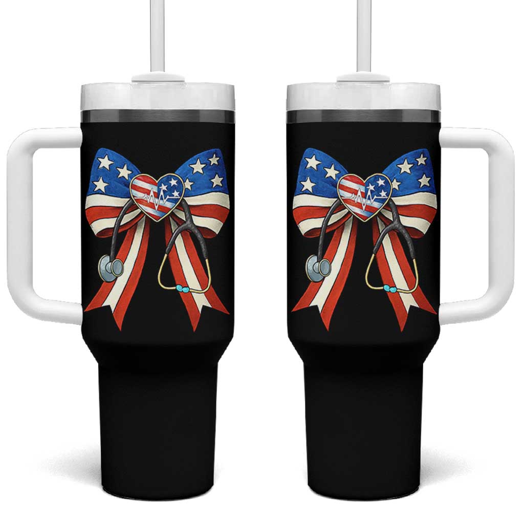 Funny 4th Of July Nurse American Flag Coquette Bow Tumbler With Handle - Wonder Print Shop