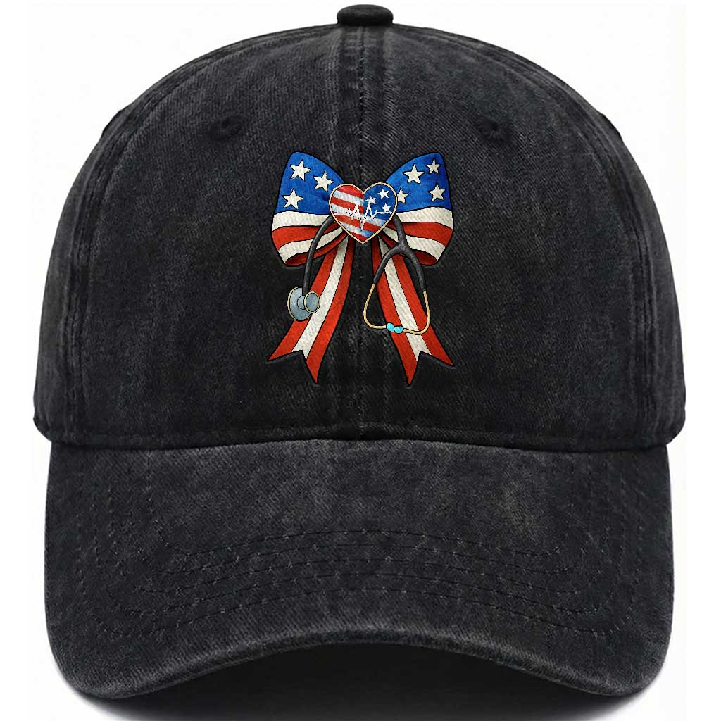 Funny 4th Of July Nurse American Flag Coquette Bow Washed Cotton Baseball Cap