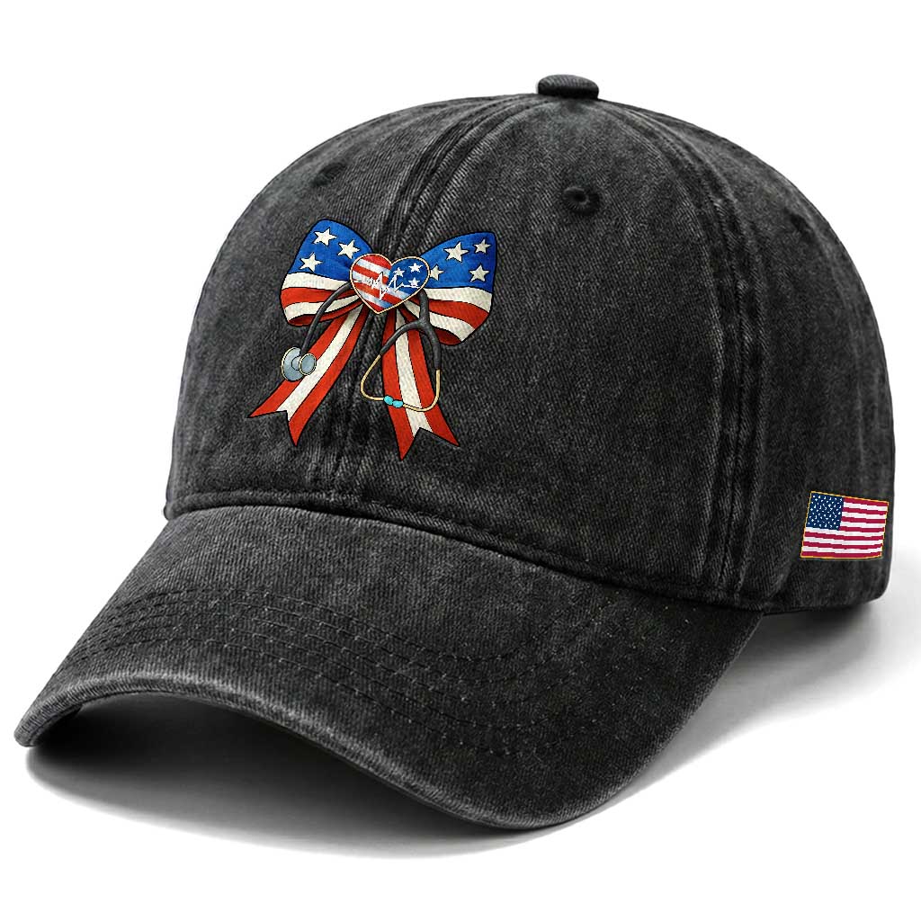 Funny 4th Of July Nurse American Flag Coquette Bow Washed Cotton Baseball Cap
