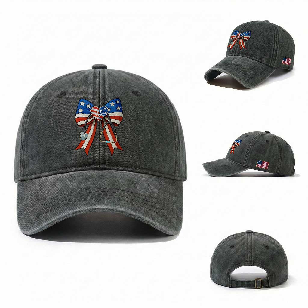 Funny 4th Of July Nurse American Flag Coquette Bow Washed Cotton Baseball Cap