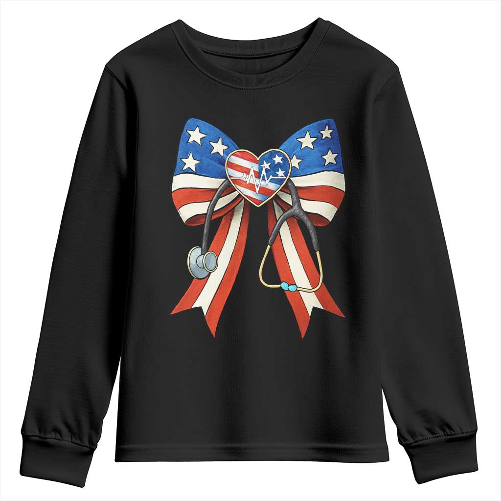 Funny 4th Of July Nurse American Flag Coquette Bow Youth Sweatshirt - Wonder Print Shop