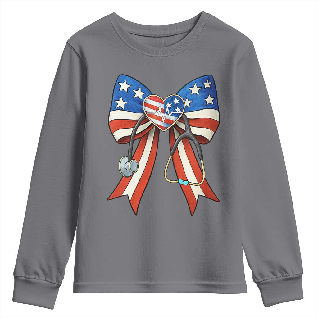 Funny 4th Of July Nurse American Flag Coquette Bow Youth Sweatshirt - Wonder Print Shop