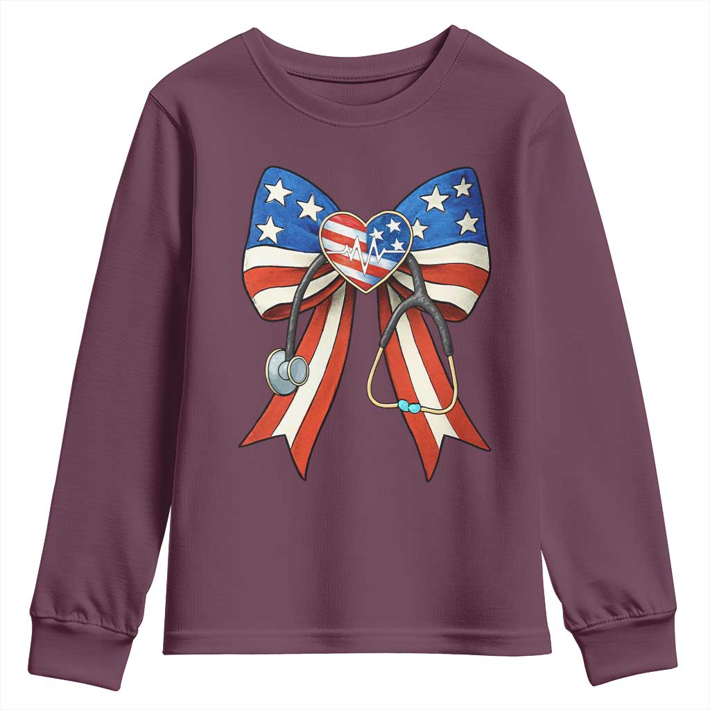 Funny 4th Of July Nurse American Flag Coquette Bow Youth Sweatshirt - Wonder Print Shop