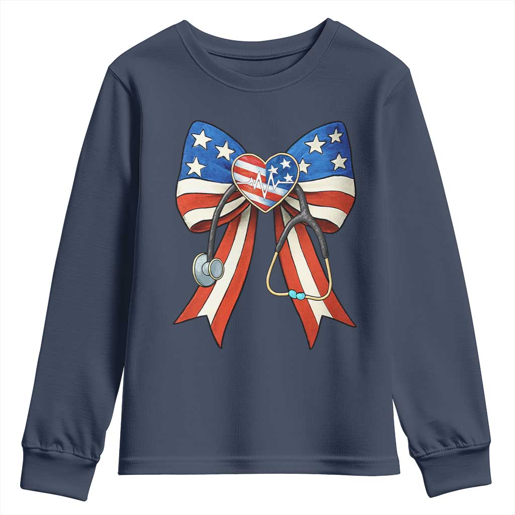 Funny 4th Of July Nurse American Flag Coquette Bow Youth Sweatshirt - Wonder Print Shop