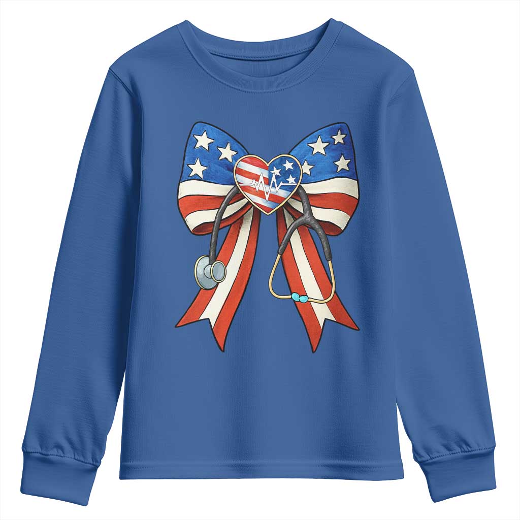 Funny 4th Of July Nurse American Flag Coquette Bow Youth Sweatshirt - Wonder Print Shop