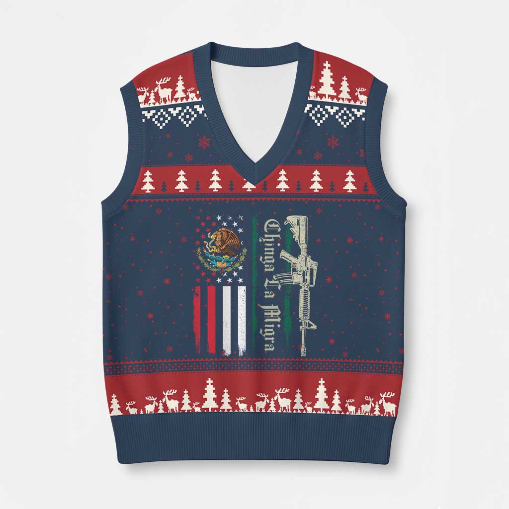 Funny Chinga La Migra V-Neck Knit Sweater Vest Gun Vintage Mexican Flag - Wonder Print Shop
