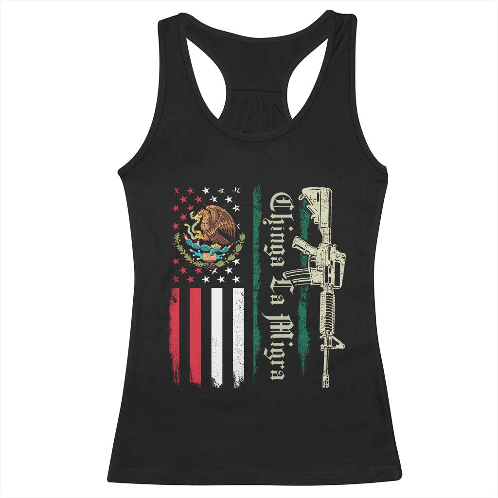 Funny Chinga La Migra Racerback Tank Top Gun Vintage Mexican Flag - Wonder Print Shop