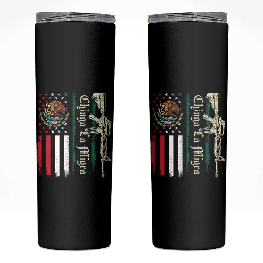 Funny Chinga La Migra Skinny Tumbler Gun Vintage Mexican Flag - Wonder Print Shop