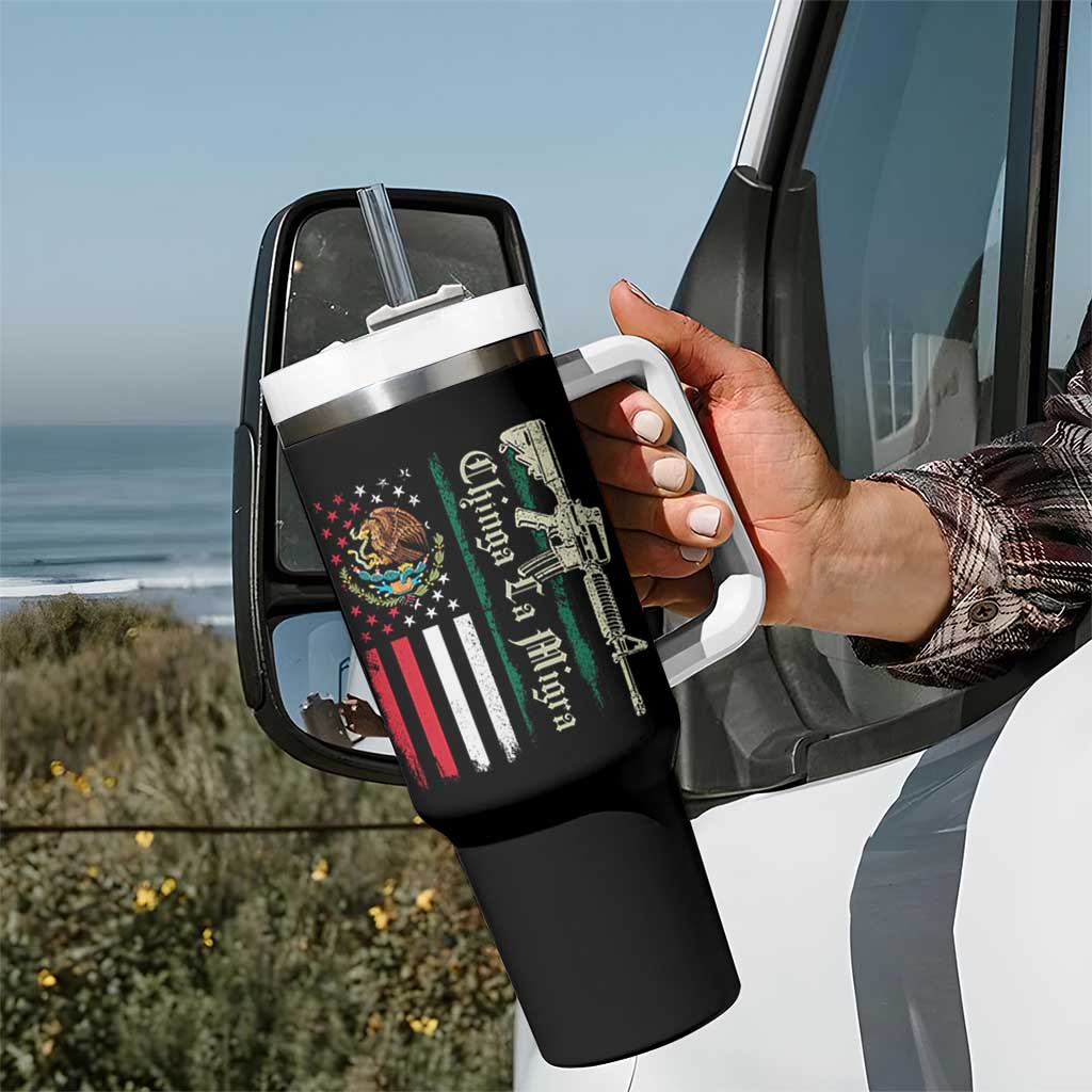 Funny Chinga La Migra Tumbler With Handle Gun Vintage Mexican Flag - Wonder Print Shop