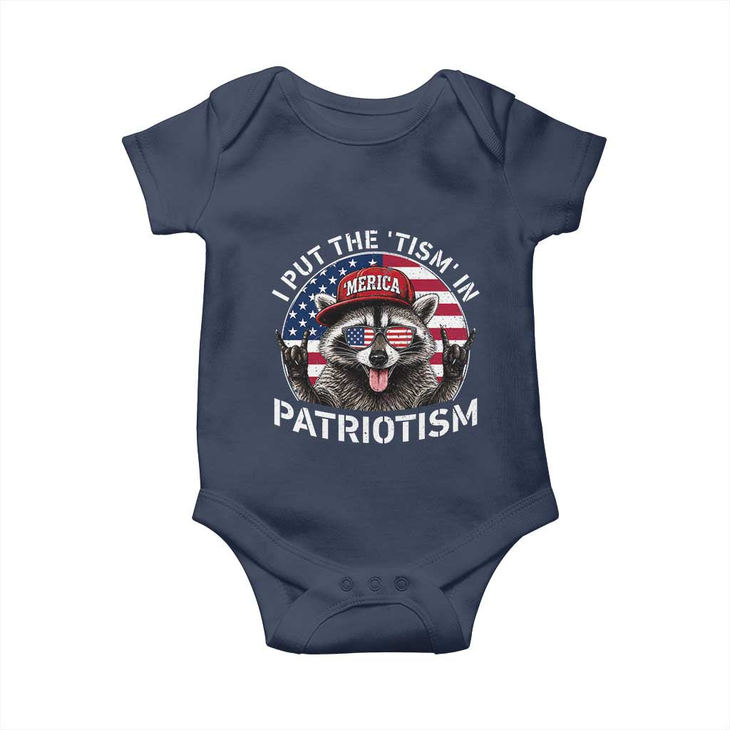 I Put The Tism In Patriotism Baby Onesie Patriotic Raccoon 4th of July