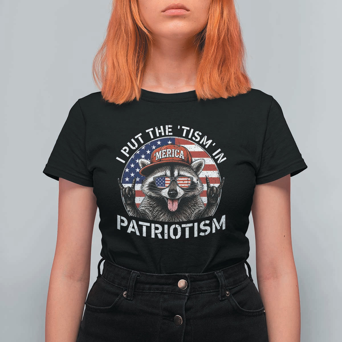 I Put The Tism In Patriotism T Shirt For Women Patriotic Raccoon 4th of July