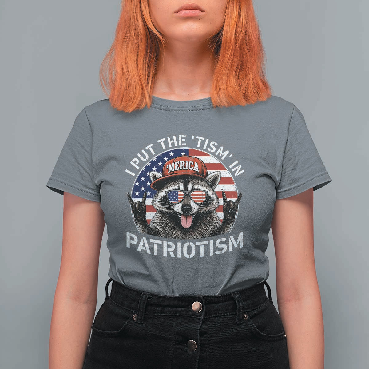 I Put The Tism In Patriotism T Shirt For Women Patriotic Raccoon 4th of July