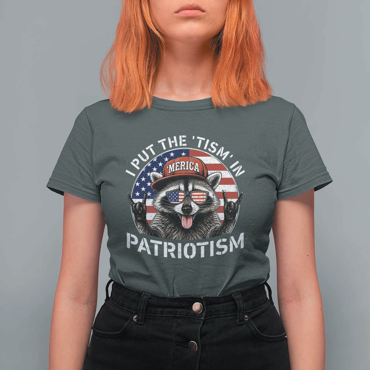 I Put The Tism In Patriotism T Shirt For Women Patriotic Raccoon 4th of July