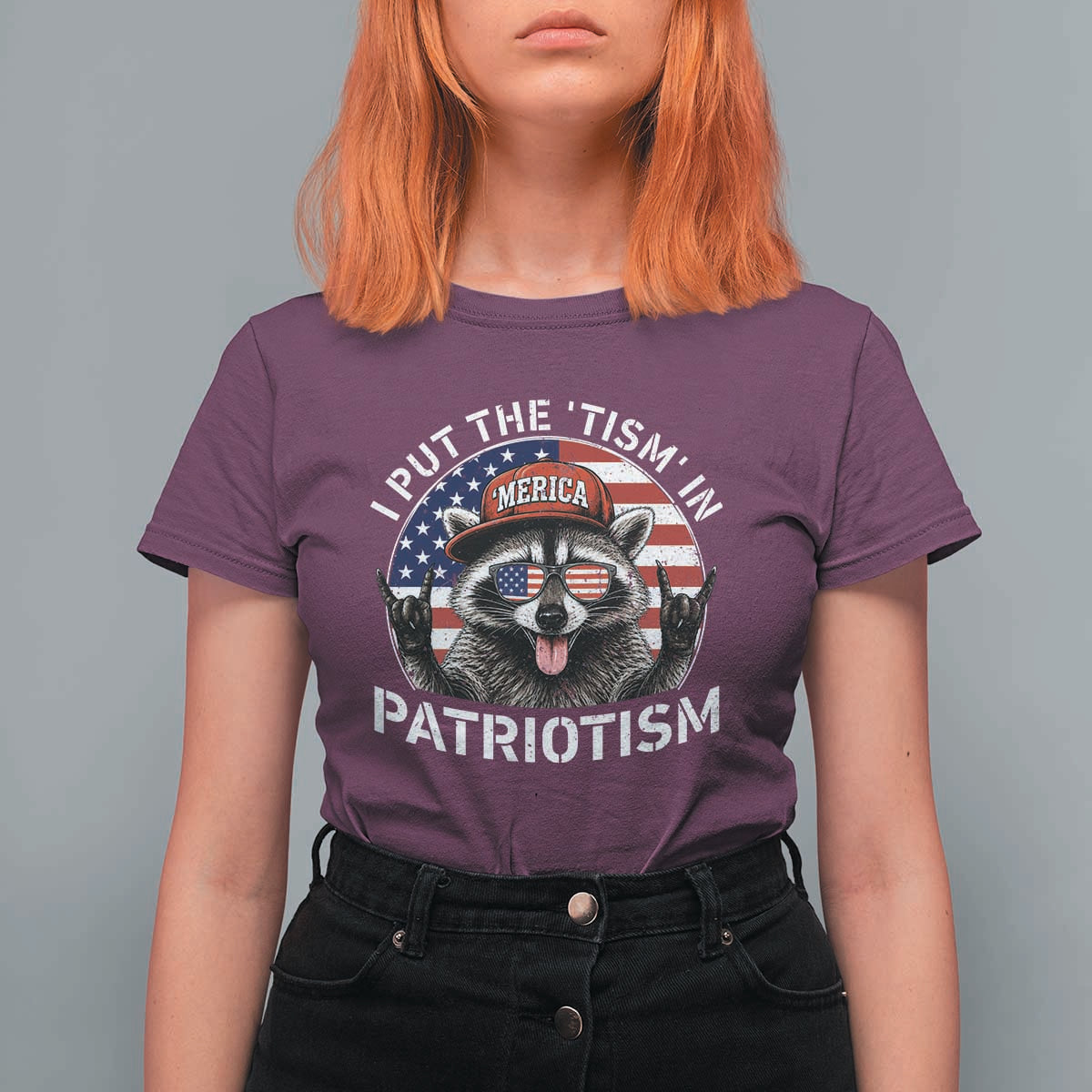 I Put The Tism In Patriotism T Shirt For Women Patriotic Raccoon 4th of July