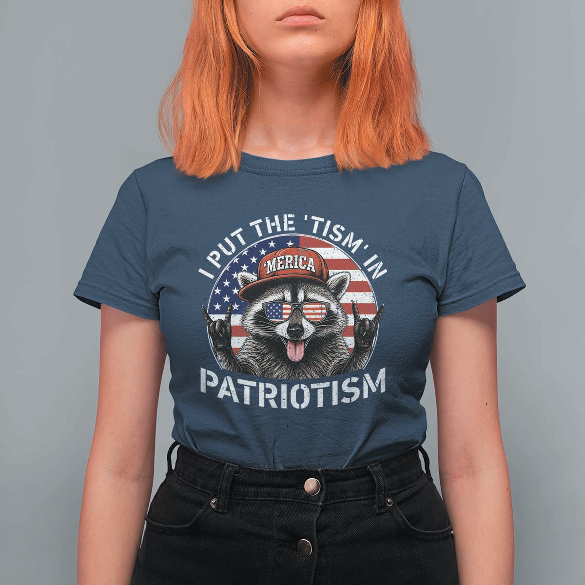 I Put The Tism In Patriotism T Shirt For Women Patriotic Raccoon 4th of July