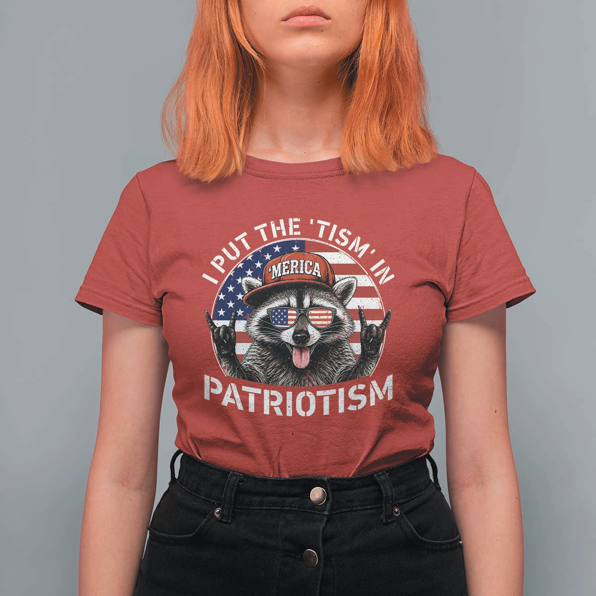 I Put The Tism In Patriotism T Shirt For Women Patriotic Raccoon 4th of July