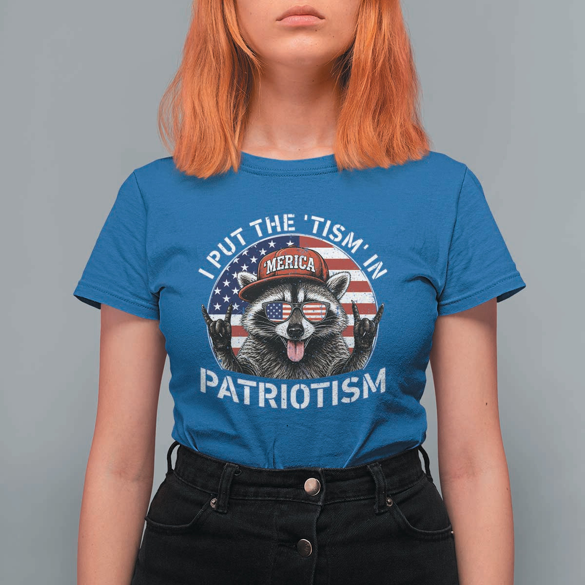 I Put The Tism In Patriotism T Shirt For Women Patriotic Raccoon 4th of July
