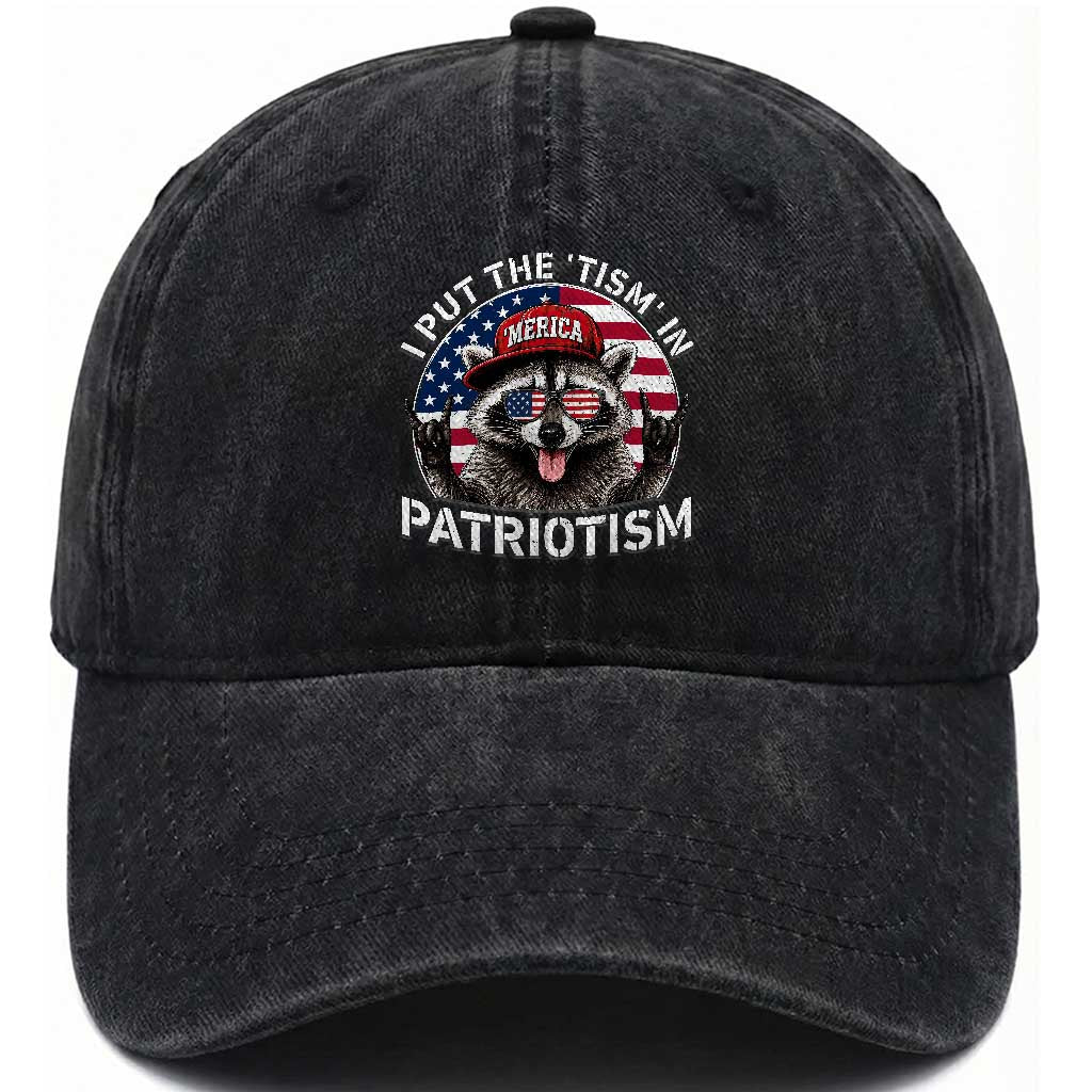 I Put The Tism In Patriotism Washed Cotton Baseball Cap Patriotic Raccoon 4th of July