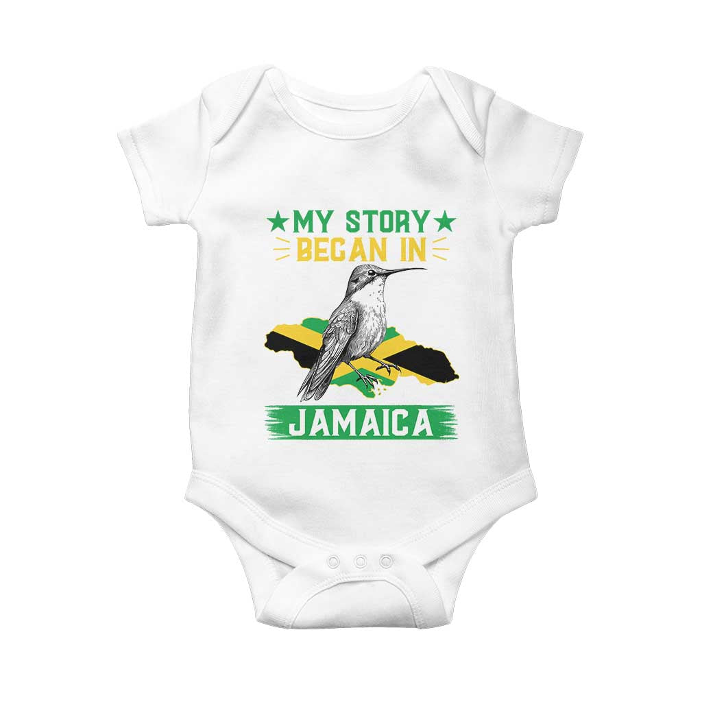 My Story Began In Jamaica Baby Onesie Hummingbird Jamaican Flag - Wonder Print Shop