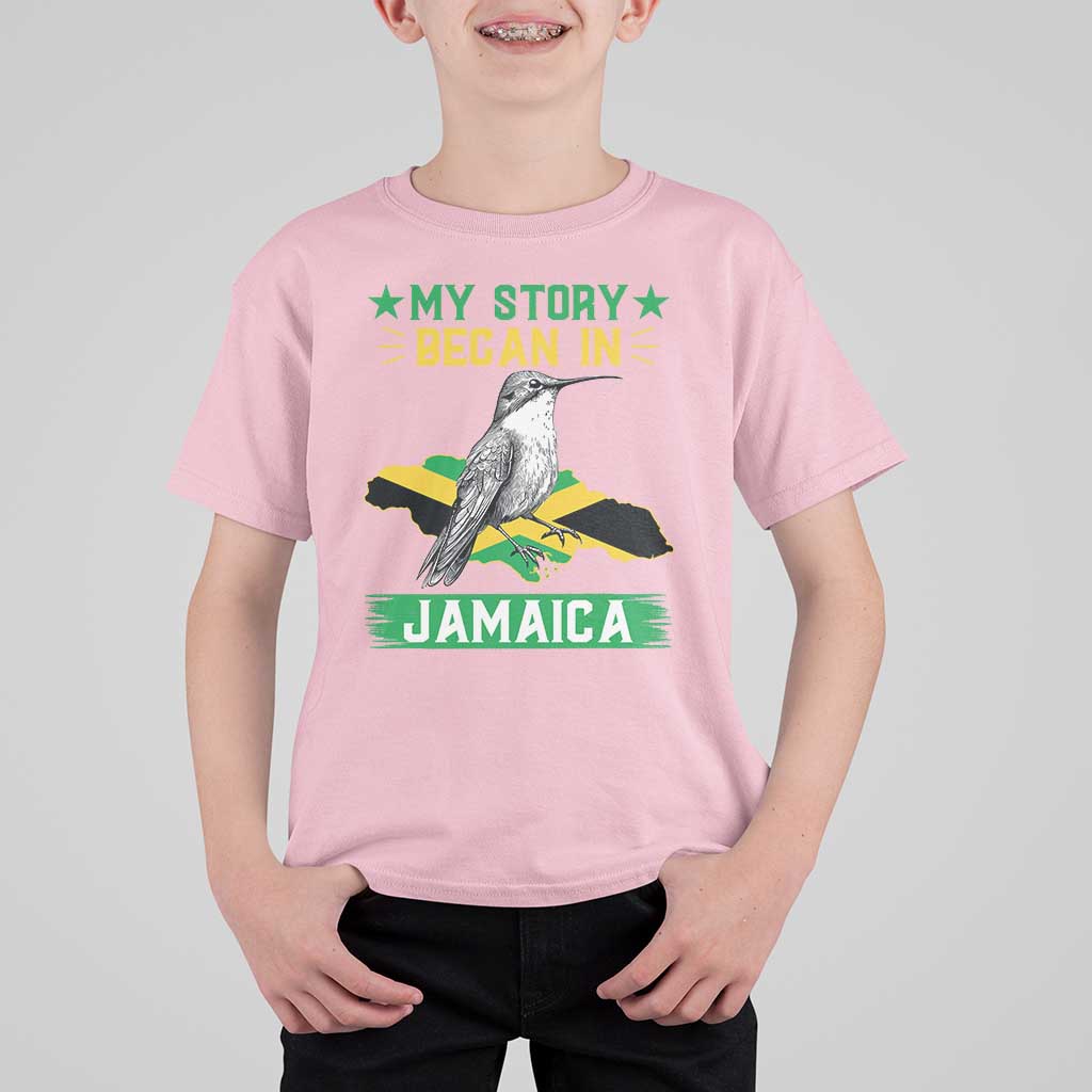 My Story Began In Jamaica T Shirt For Kid Hummingbird Jamaican Flag - Wonder Print Shop