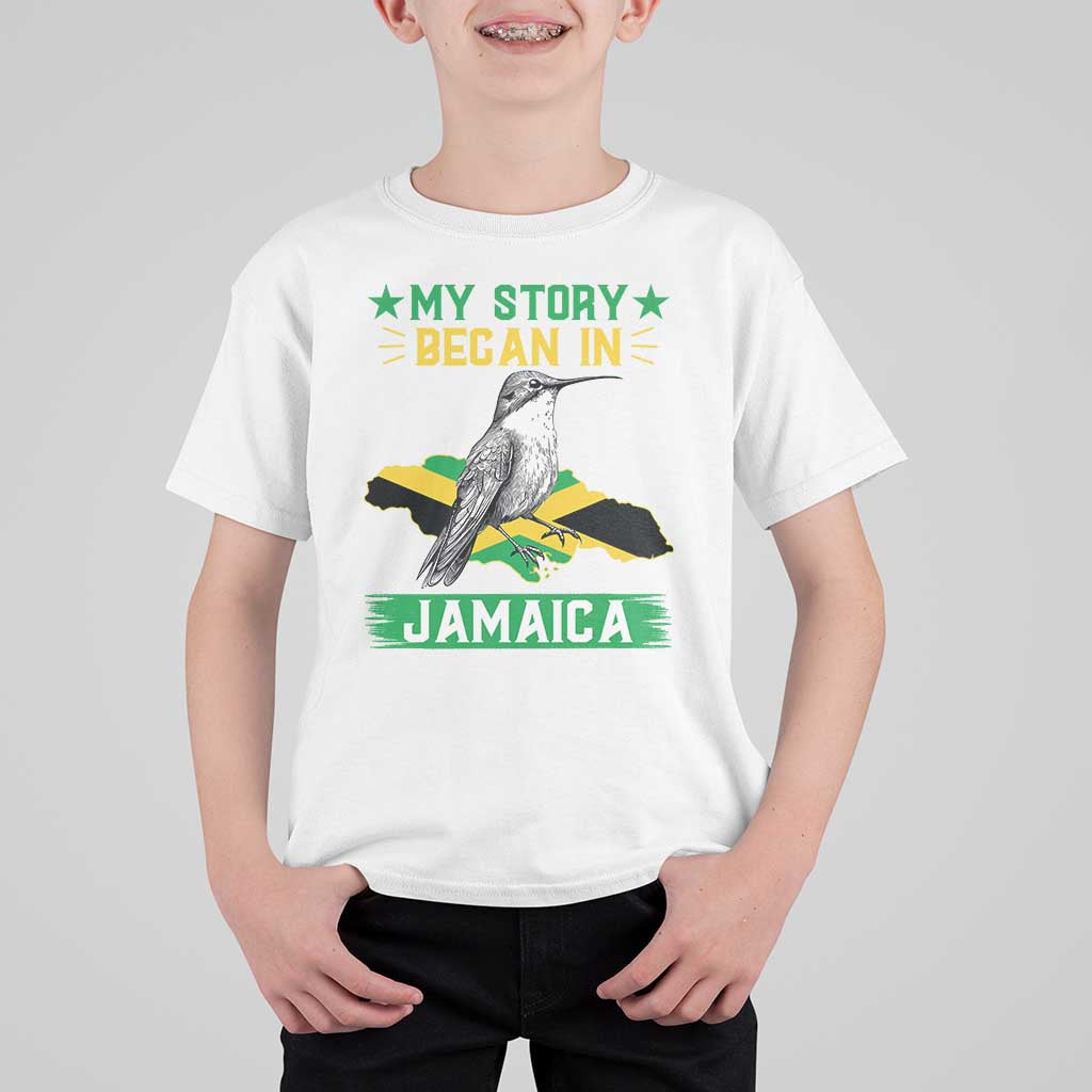 My Story Began In Jamaica T Shirt For Kid Hummingbird Jamaican Flag - Wonder Print Shop