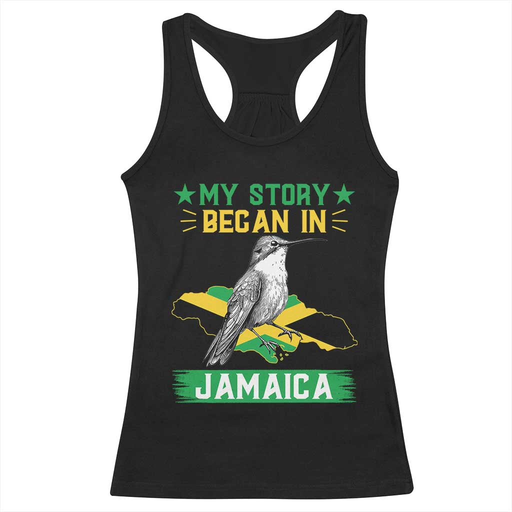 My Story Began In Jamaica Racerback Tank Top Hummingbird Jamaican Flag - Wonder Print Shop