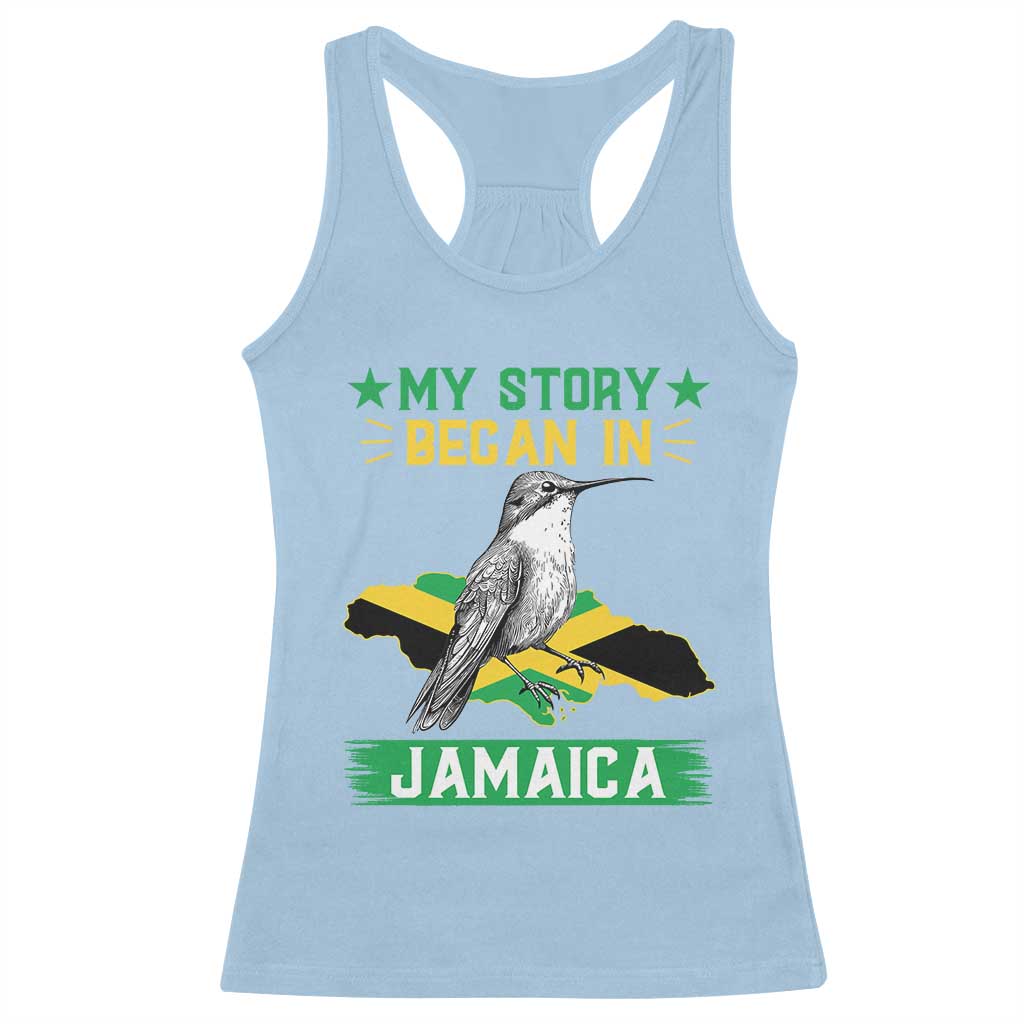 My Story Began In Jamaica Racerback Tank Top Hummingbird Jamaican Flag - Wonder Print Shop