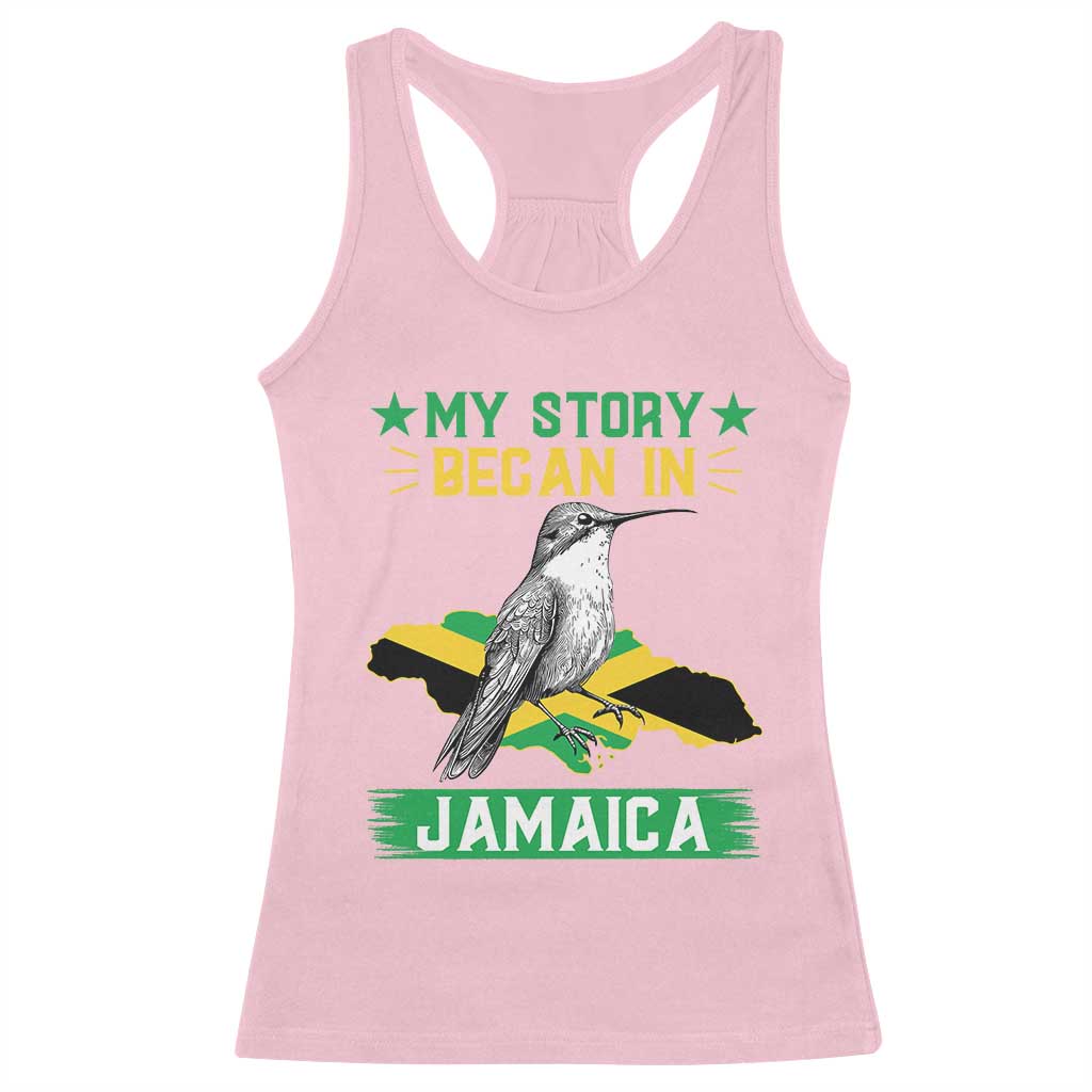 My Story Began In Jamaica Racerback Tank Top Hummingbird Jamaican Flag - Wonder Print Shop