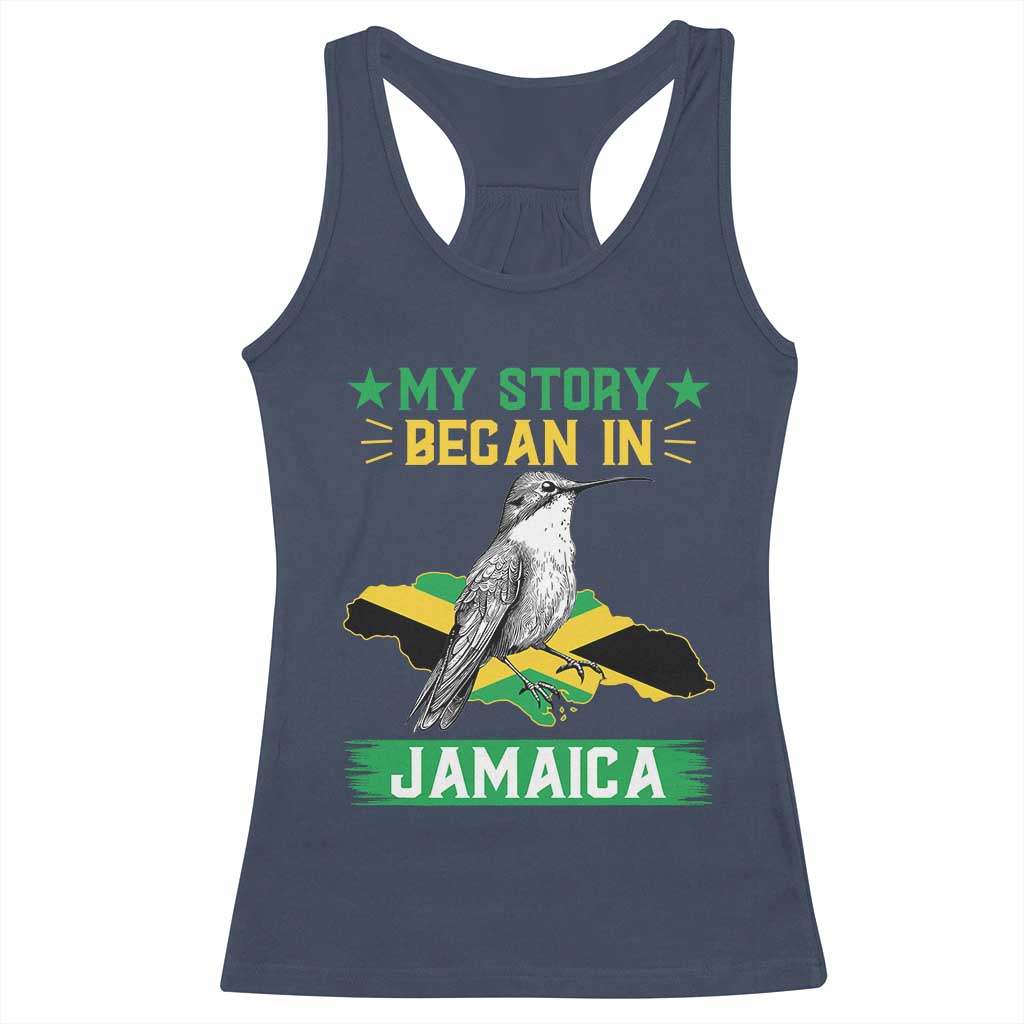My Story Began In Jamaica Racerback Tank Top Hummingbird Jamaican Flag - Wonder Print Shop