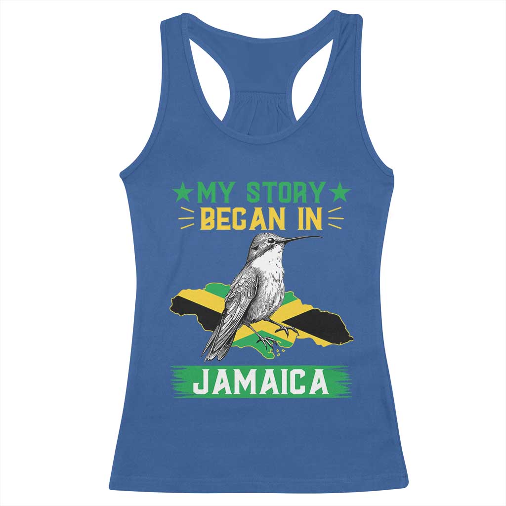 My Story Began In Jamaica Racerback Tank Top Hummingbird Jamaican Flag - Wonder Print Shop