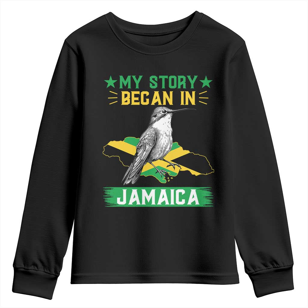 My Story Began In Jamaica Youth Sweatshirt Hummingbird Jamaican Flag - Wonder Print Shop