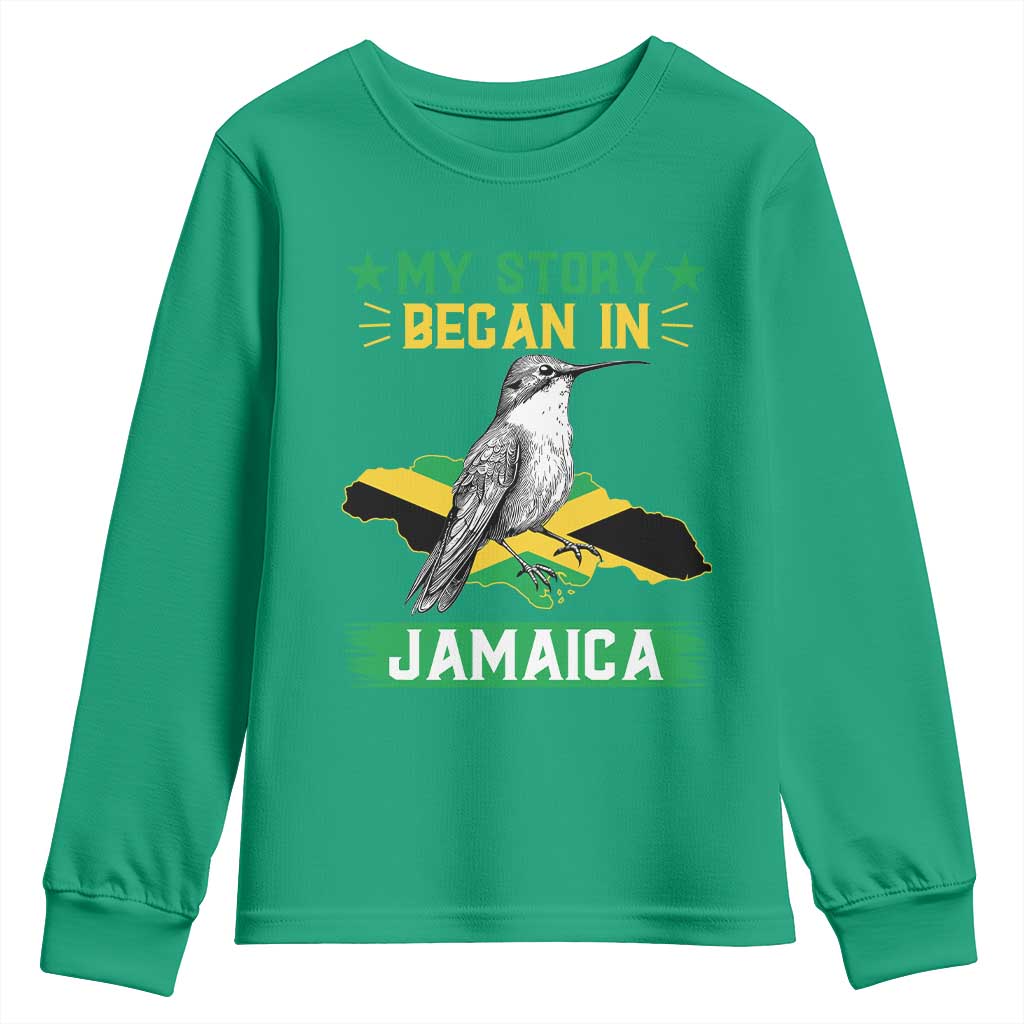 My Story Began In Jamaica Youth Sweatshirt Hummingbird Jamaican Flag - Wonder Print Shop
