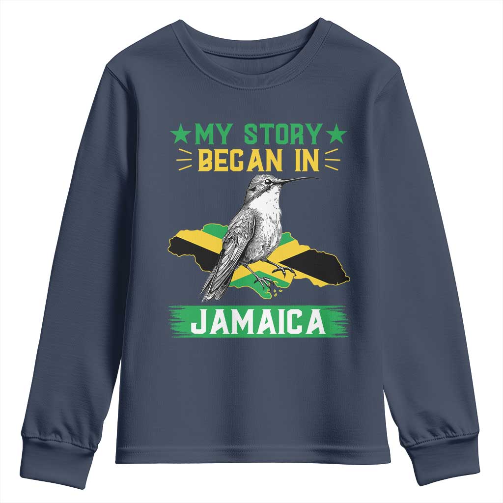 My Story Began In Jamaica Youth Sweatshirt Hummingbird Jamaican Flag - Wonder Print Shop