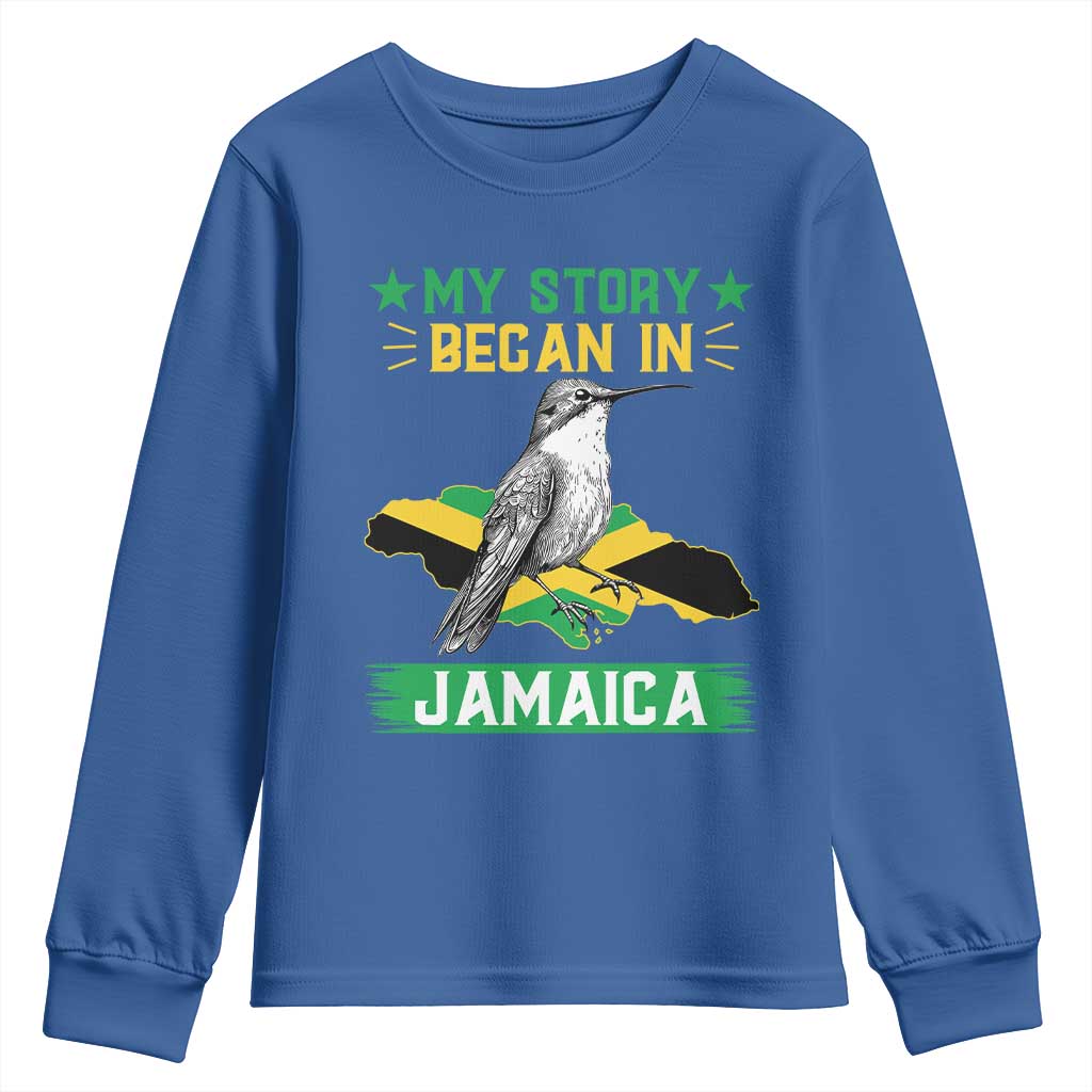 My Story Began In Jamaica Youth Sweatshirt Hummingbird Jamaican Flag - Wonder Print Shop