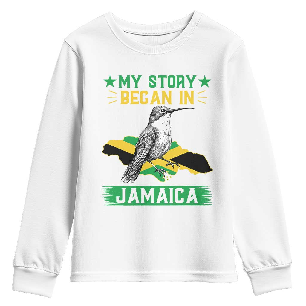 My Story Began In Jamaica Youth Sweatshirt Hummingbird Jamaican Flag - Wonder Print Shop